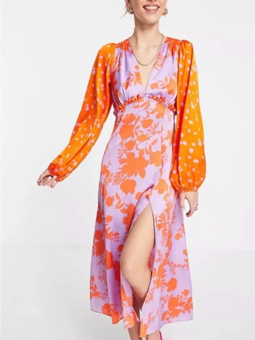 ASOS Maxi Dress with Orange Floral Print and Orange Dot Sleeves